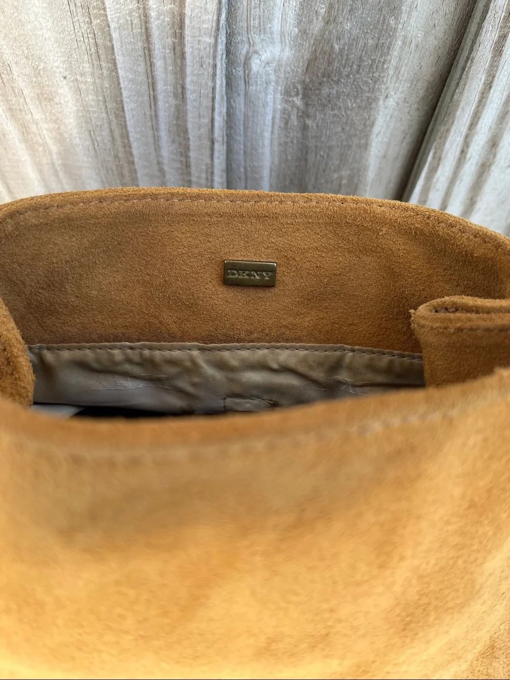 DKNY Suede Drawstring Backpack — Tan Suede with Gold Hardware
